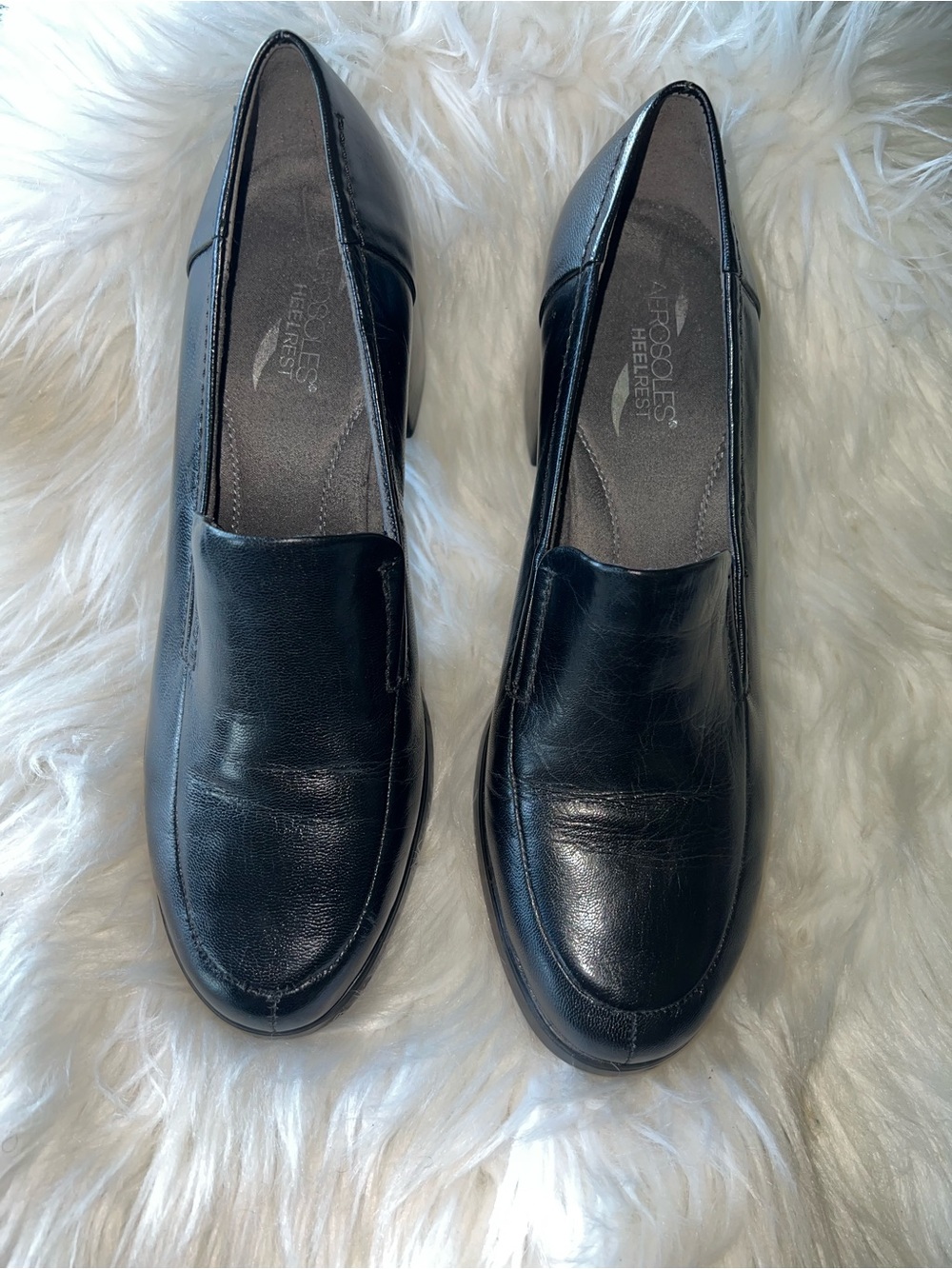 AEROSOLES Black Leather Block Heel Loafers
